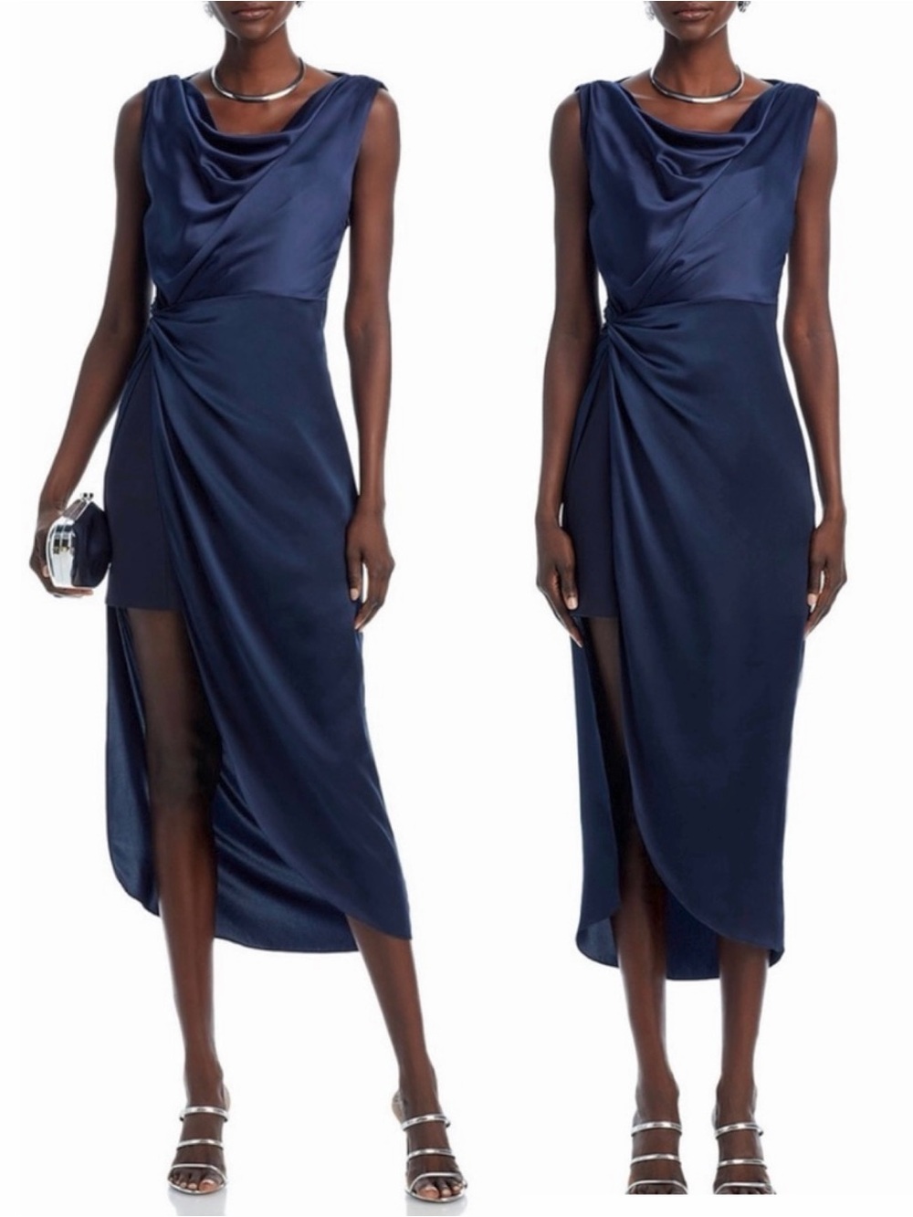 CINQ À SEPT Paige Cowl Neck Satin Asymmetrical Sleeveless Cocktail Dress Navy